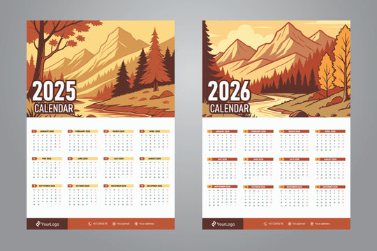 one page wall calendar design for 2025 and 2026 with scenery mountain background