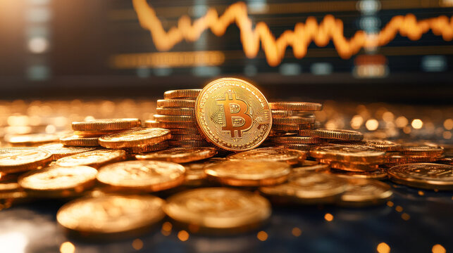 Bitcoin token in front of a blurred chart background