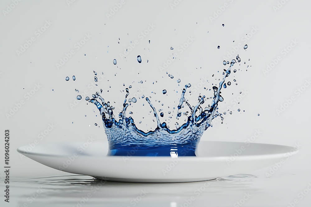 Poster a close-up of water splashing on a white plate, creating dynamic droplets that highlight fluid motio
