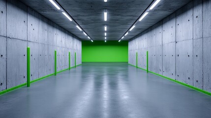 Obraz premium Concrete Corridor with Green Wall: A minimalist, industrial hallway with sleek concrete walls and a vibrant green wall, creating a striking contrast and a sense of depth.