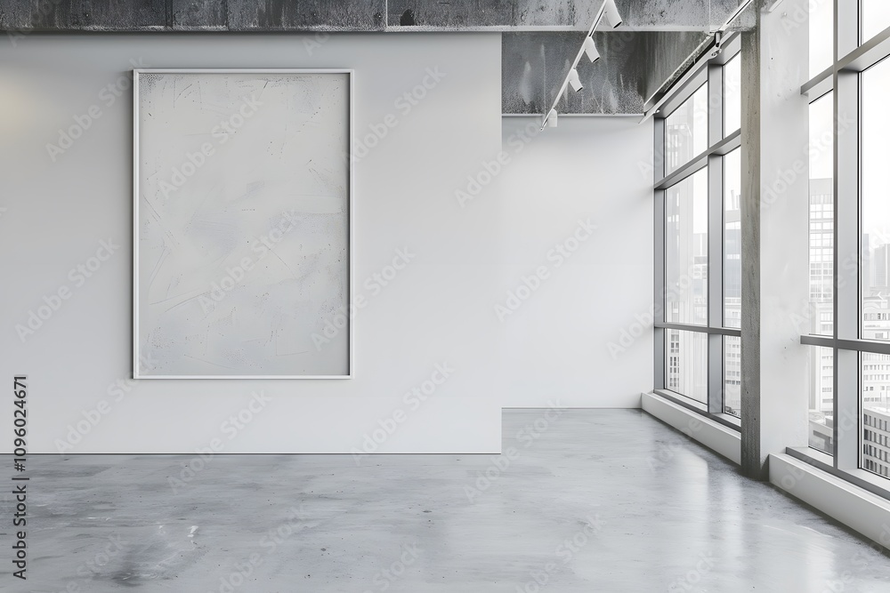 Aufkleber a minimalist gallery space with large windows and an empty frame.