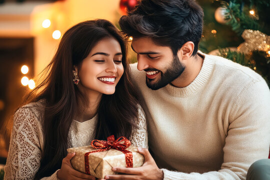 young indian couple holding gift box on christmas