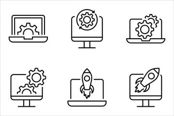 Upgrade of Software Line Icon set. Computer System Update Linear Pictogram. vector illustration on white background