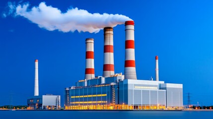 Obraz premium Industrial Power Plant at Dusk: A towering industrial power plant emits plumes of smoke against a vibrant blue twilight sky.