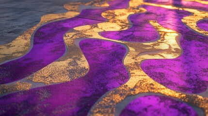 A vibrant purple and gold pattern dancing on a concrete canvas, catching the sunlight in mesmerizing ways.