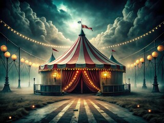 Spooky Fair and Carnival Show in Retro Circus Tent - Minimalist Photography of Eerie Carnival Vibes, Dark Atmosphere, Vintage Circus Elements, Haunting Lights, and Mysterious Shadows