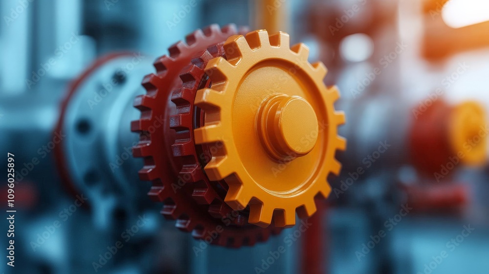 Poster interlocking gears: a close-up of two cogs, one orange and one red, meshing seamlessly against a blu