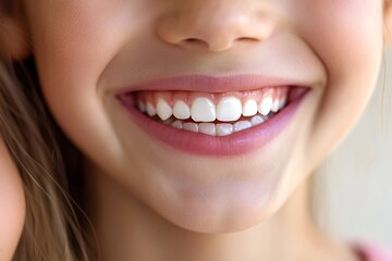 Obraz premium A close-up of a young girl smiling, showcasing her bright, white teeth and a joyful expression.