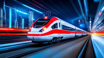Obraz premium High-Speed Rail Through Cityscape at Night 