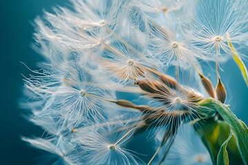A close-up view of delicate dandelion seeds against a soft blue background, highlighting their intricate structures and ethereal beauty.