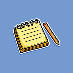 A yellow notes with pencil vector illustration design isolated in a blue background. Classic notebook and pencil. Write down your notes.