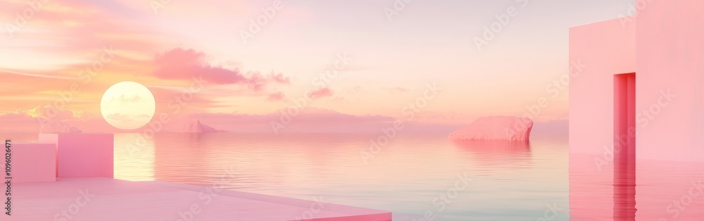 Poster a serene landscape features soft pink hues as the sun sets over tranquil waters. abstract geometric 