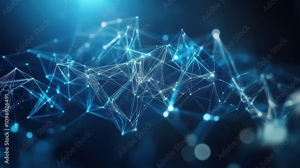 Poster abstract illustration featuring plexus blue geometrical shapes, representing connection and web conc