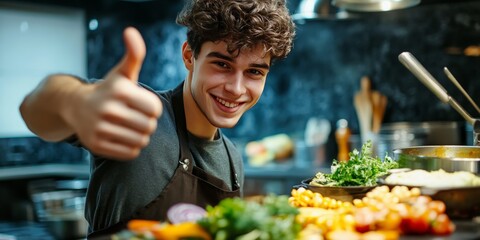 Food fit for a king, A young man gives a thumbs up as he prepares a delicious meal at home, showcasing his culinary skills and excitement for food fit for a king.