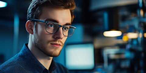 Young engineer wearing glasses in a studio setting is focused on innovative designs. The young engineer demonstrates creativity and expertise in this professional studio environment.