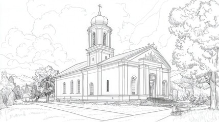 Fototapeta premium Architectural Sketch of a Church in a Parklike Setting