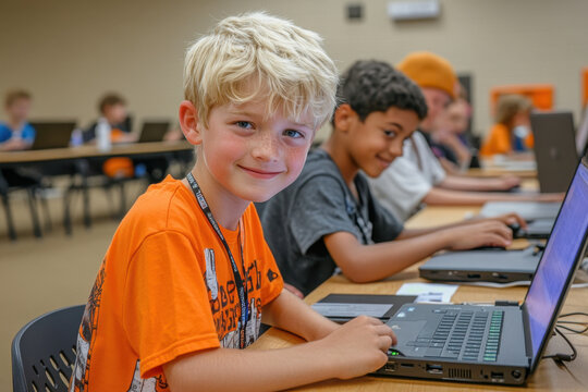 A smiling child uses a laptop in a classroom filled with peers, engaged in learning and technology.