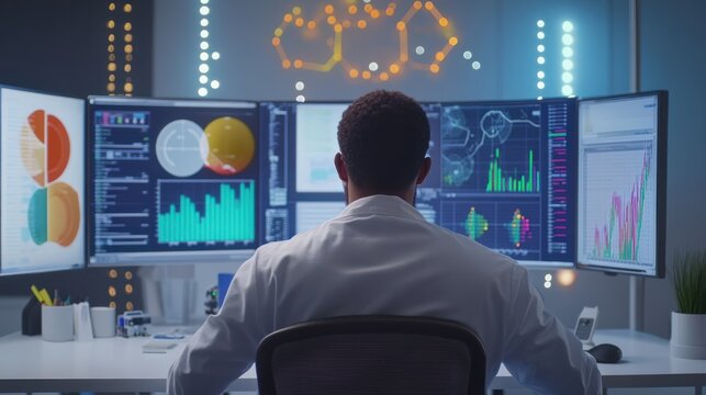 A focused scientist analyzes data on multiple monitors that display colorful graphs and metrics in a modern research environment.