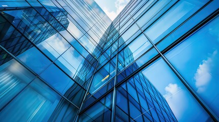 A close-up of a glass skyscraper with reflections of nearby buildings.