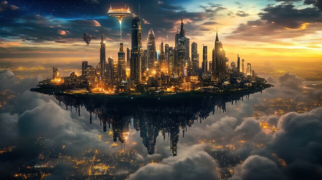 A futuristic city built on a floating island, glowing with vibrant lights against a backdrop of other distant cities.