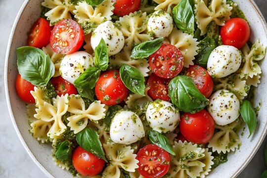 Fresh and Vibrant Caprese Pasta Salad with Bowtie Pasta, Cherry Tomatoes, Mozzarella and Pesto Dressing
