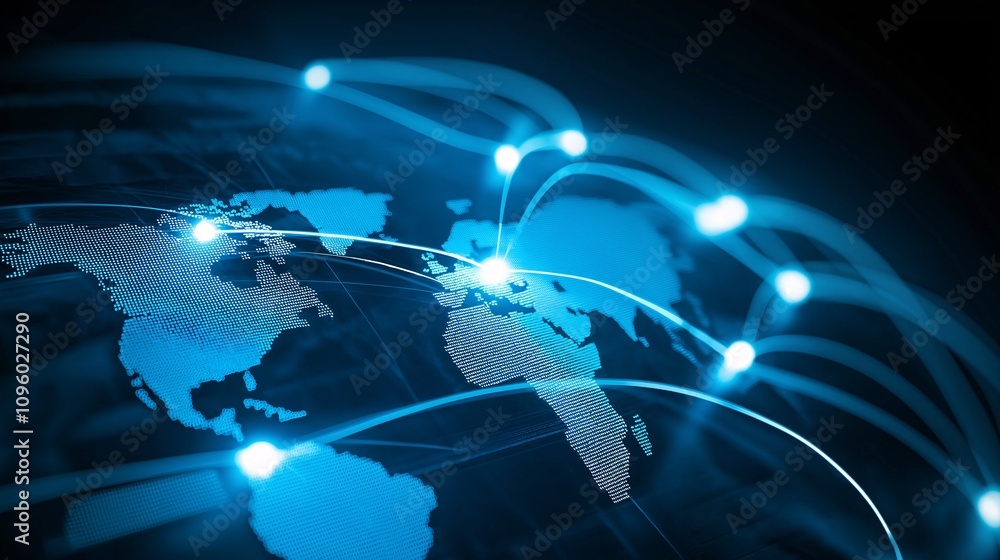 Poster comprehensive overview of international connectivity across the globe with network lines and lights 