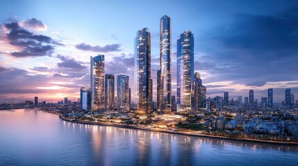 A futuristic cityscape at sunset, featuring illuminated skyscrapers against a cloudy blue sky near a river.
