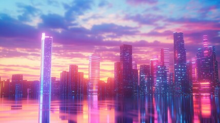 A futuristic cityscape at sunset, with glowing lights and a vibrant sky.