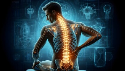 Spinal health visualization. Man experiencing back pain with glowing depiction of spine, emphasizing complex structure and vulnerability of spinal region to injuries and strain.