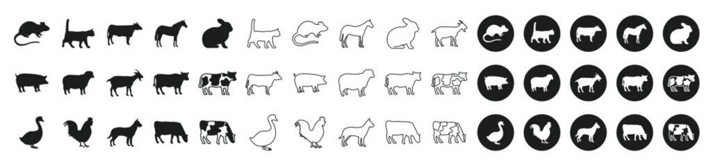 Farm Animals Black and White Icon Set