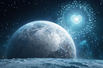 Icy Planet with Glowing Heart Light and Sparkling Particles, frozen landscape, glowing heart, icy planet, frosty atmosphere
