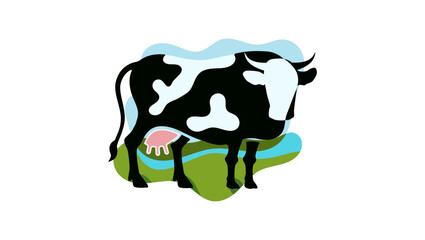 cow in the field, flat color illustration