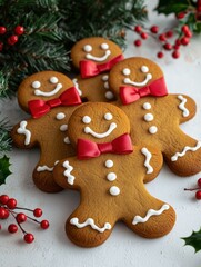 Gingerbread men cookies decorated with white icing and red bows. AI.