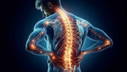 Spinal health visualization. Man experiencing back pain with glowing depiction of spine, emphasizing complex structure and vulnerability of spinal region to injuries and strain.
