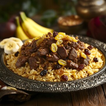 Somali bariis iskukaris, a spiced rice dish topped with tender lamb pieces, raisins, and caramelized onions. Served on a silver platter with a side of banana slices.