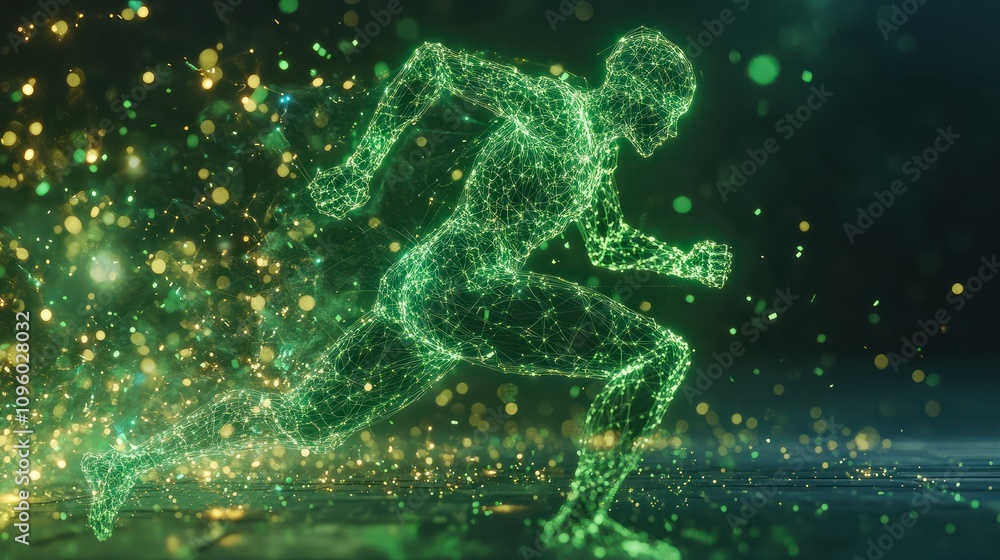 Aufkleber a human figure running through cyberspace, glowing green neural connections lighting up his brain an