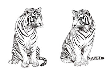 Obraz premium Majestic Tiger Duo: A pair of majestic tigers, rendered in a striking black and white sketch, embody strength, grace, and power.