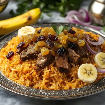 Somali bariis iskukaris, a spiced rice dish topped with tender lamb pieces, raisins, and caramelized onions. Served on a silver platter with a side of banana slices.