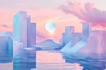 A surreal landscape features geometric ice-like structures rising from calm water. A glowing sun sets in the background, casting vibrant colors across the sky and water surface