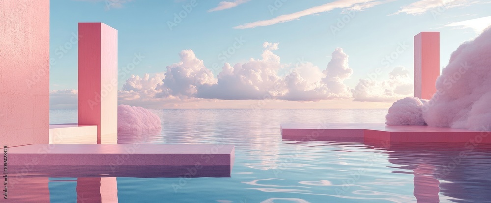 Poster soft pink clouds float over calm waters, reflecting geometric structures that rise from the surface.