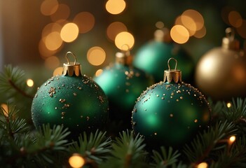 Obraz premium Luxury christmas ornaments, green and gold, bokeh effects and sparkles