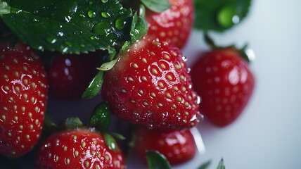A close-up of a cluster of vibrant red strawberries with green leaves, glistening with water droplets, arranged on a fresh white background