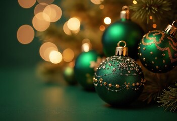 Obraz premium Luxury christmas ornaments, green and gold, bokeh effects and sparkles