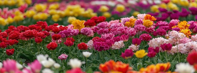 Fototapeta premium Vibrant field of colorful tulips in full bloom, showcasing a stunning array of red, pink, yellow, and white blossoms. A beautiful springtime scene.