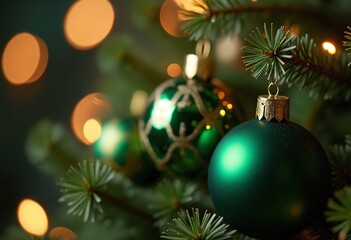 Obraz premium Luxury christmas ornaments, green and gold, bokeh effects and sparkles