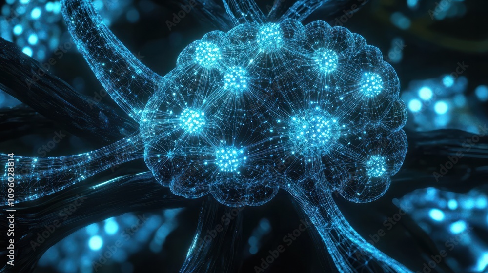Poster a stylized digital illustration of a human brain with intricate network connections glowing in blue.