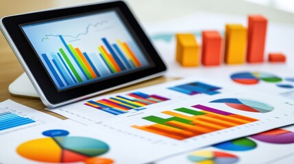 A tablet displaying colorful graphs and charts alongside printed reports on a table.