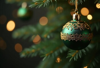 Luxury christmas ornaments, green and gold, bokeh effects and sparkles