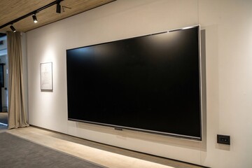 Fototapeta premium Large flat-screen TV mounted on the wall, digital display, entertainment center, minimalist style
