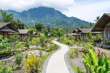 Scenic view of a resort with pathways, greenery, and mountains in the background.
